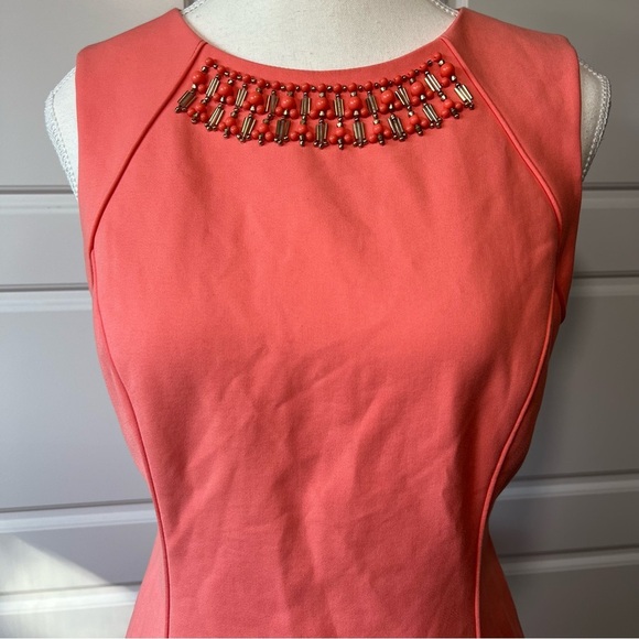 Antonio Melani Sleeveless Sheath Dress Beaded Neckline Coral Career Party Size 4 - Picture 2 of 7